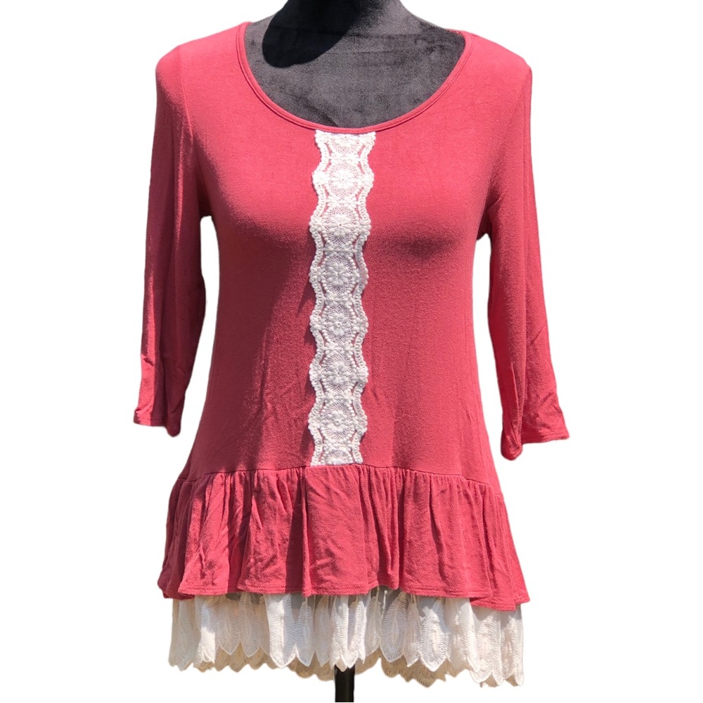 Ces Femme Dark Pink Cream Lace Trimmed Top size small